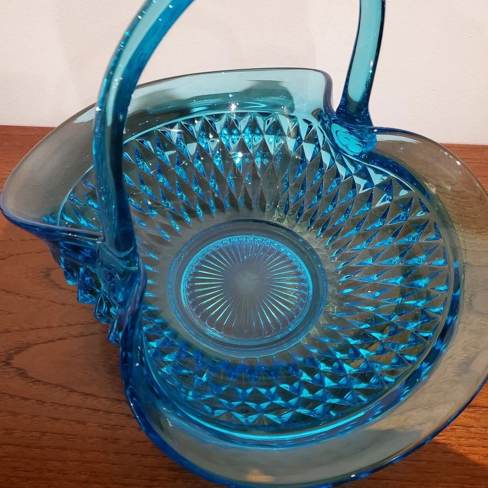 Vintage Tiara Exclusives Horizon Blue Diamond Point Glass Basket Centerpiece 70s